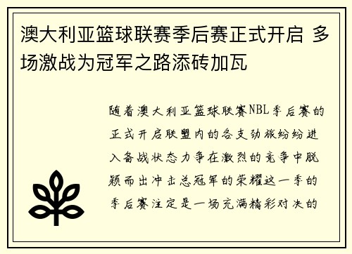 澳大利亚篮球联赛季后赛正式开启 多场激战为冠军之路添砖加瓦