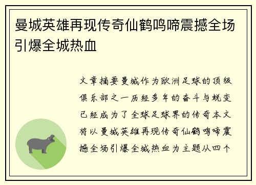 曼城英雄再现传奇仙鹤鸣啼震撼全场引爆全城热血