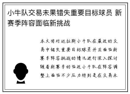 小牛队交易未果错失重要目标球员 新赛季阵容面临新挑战