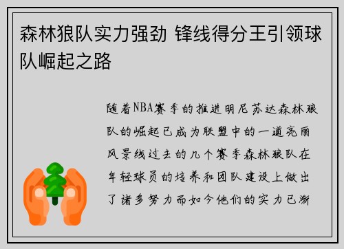森林狼队实力强劲 锋线得分王引领球队崛起之路