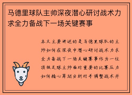 马德里球队主帅深夜潜心研讨战术力求全力备战下一场关键赛事