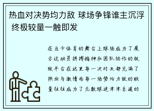 热血对决势均力敌 球场争锋谁主沉浮 终极较量一触即发