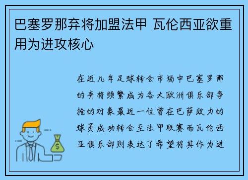 巴塞罗那弃将加盟法甲 瓦伦西亚欲重用为进攻核心