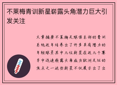 不莱梅青训新星崭露头角潜力巨大引发关注