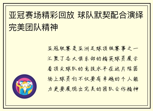 亚冠赛场精彩回放 球队默契配合演绎完美团队精神