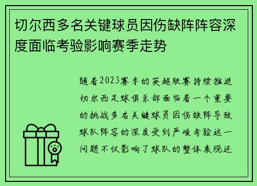 切尔西多名关键球员因伤缺阵阵容深度面临考验影响赛季走势